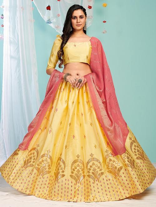 yellow satin flared lehenga - 19242418 - Very Small Image - 1