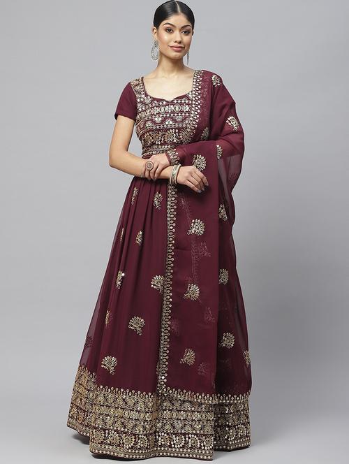maroon embellished flared lehenga - 19242881 - Very Small Image - 1