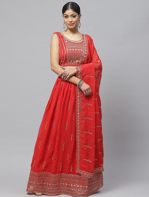 red embellished flared lehenga - 19242888 - Very Small Image - 1