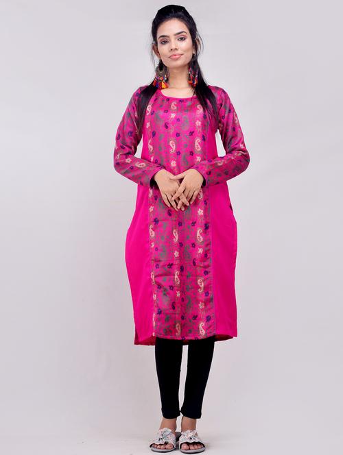 pink self design straight kurti - 19258005 - Very Small Image - 1