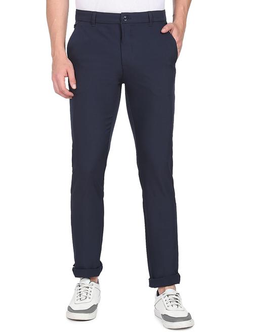 blue solid flat front casual trouser - 19258212 - Very Small Image - 1