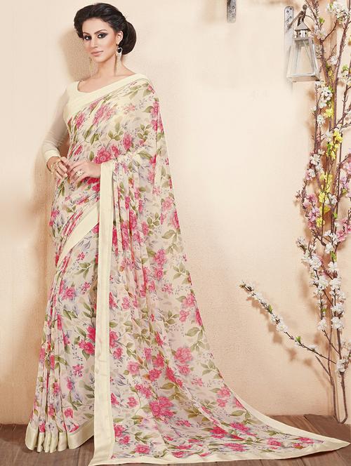 floral printed saree with blouse - 19259002 - Very Small Image - 1