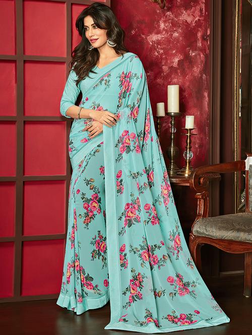 floral printed saree with blouse - 19259006 - Very Small Image - 1