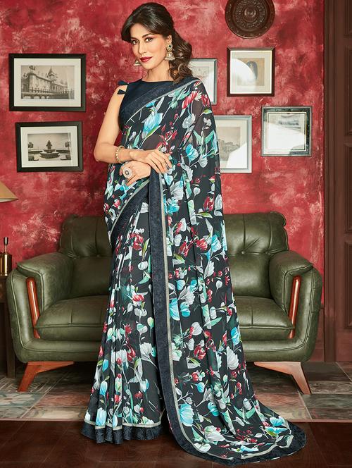 floral printed saree with blouse - 19259007 - Very Small Image - 1
