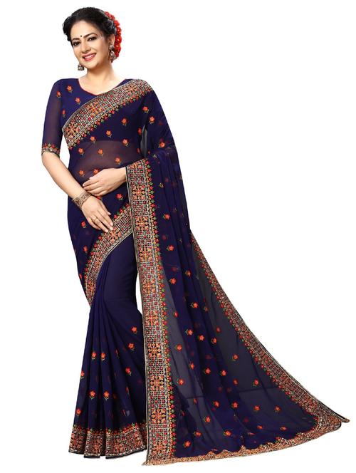 blue self design embroidered saree with blouse - 19261182 - Very Small Image - 1
