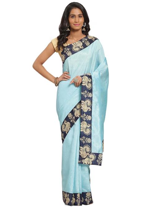 light blue self design solid saree with blouse - 19261292 - Very Small Image - 1