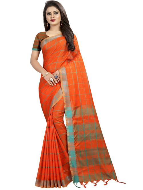 checkered woven saree with gold border with blouse - 19261849 - Very Small Image - 1