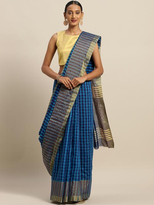 women's checks blue colored saree - 19261938 - Very Small Image - 1