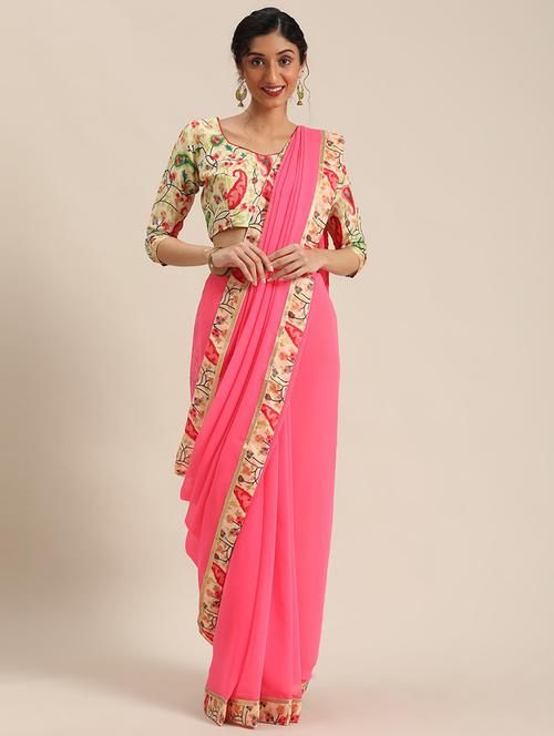 contrast bordered woven saree with blouse - 19262100 - Very Small Image - 1