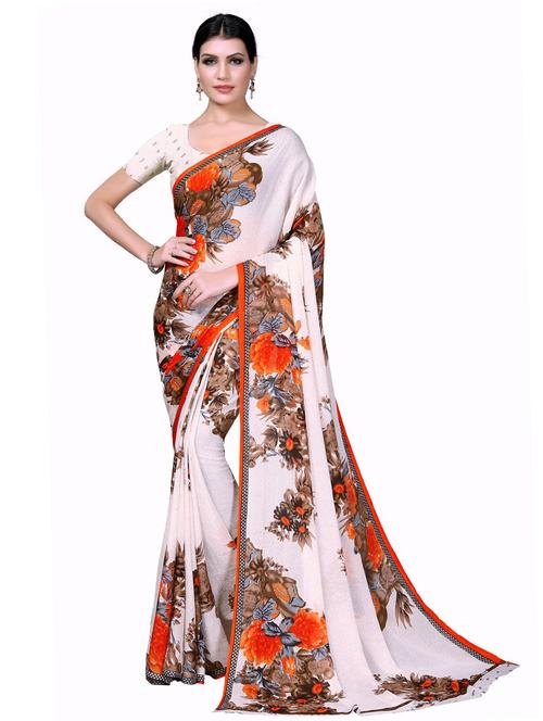 women's floral white colored saree with blouse - 19262779 - Very Small Image - 1