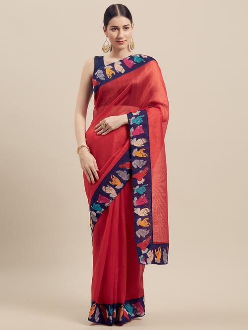 contrast bordered woven saree with blouse - 19263017 - Very Small Image - 1