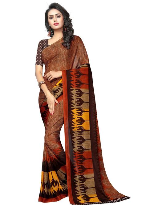 brown self design saree with blouse - 19263870 - Very Small Image - 1