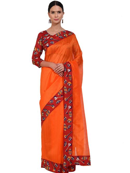 orange solid saree with blouse - 19263880 - Very Small Image - 1
