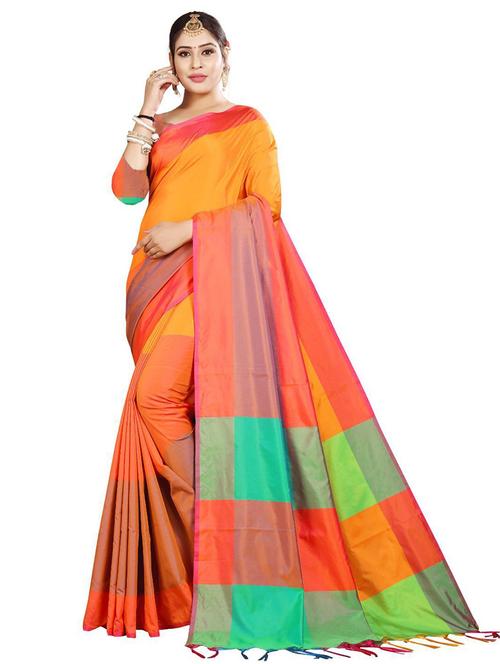 orange color block saree - 19264230 - Very Small Image - 1