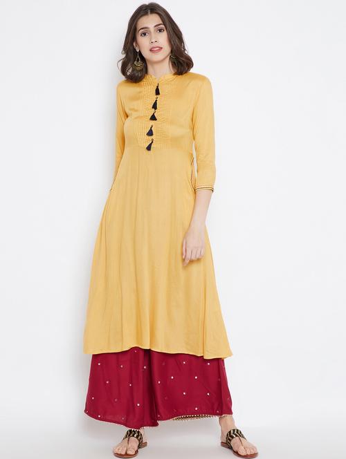 yellow solid a-line kurta - 19264432 - Very Small Image - 1