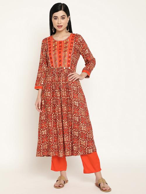 orange three quarter sleeve kurta pant set - 19264573 - Very Small Image - 1