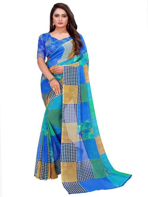 women's checks blue colored saree with blouse - 19264867 - Very Small Image - 1