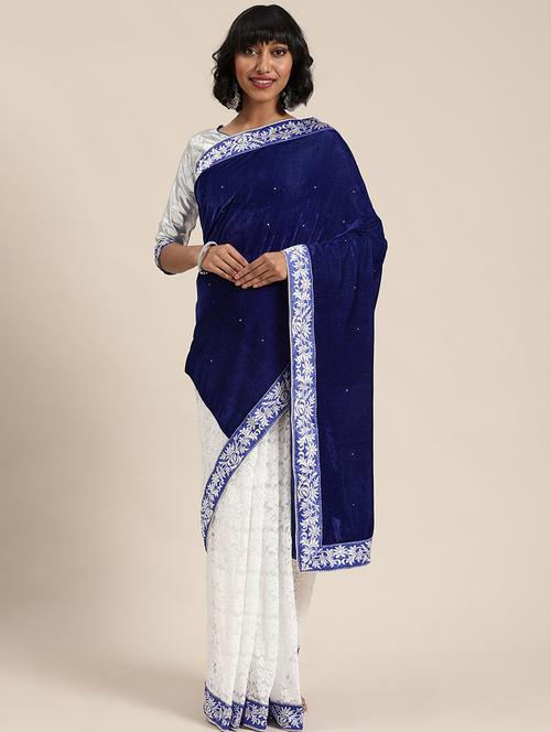blue velvet solid saree with blouse - 19267613 - Very Small Image - 1