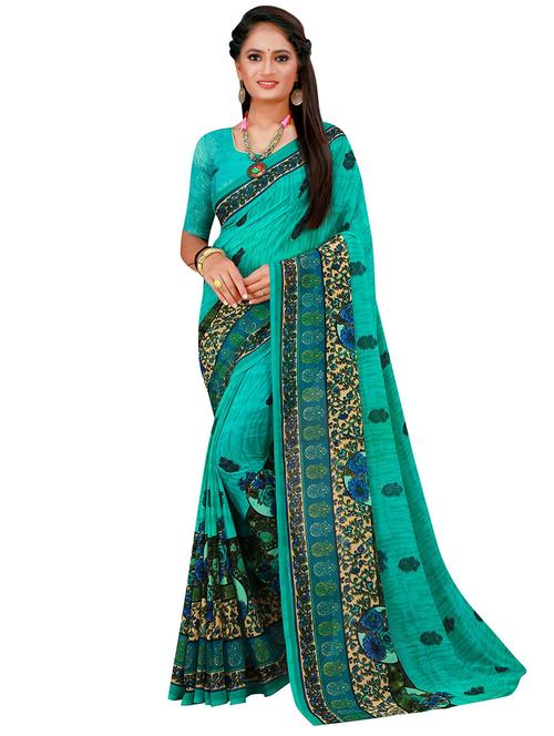 women's printed sea green colored saree with blouse - 19267657 - Very Small Image - 1