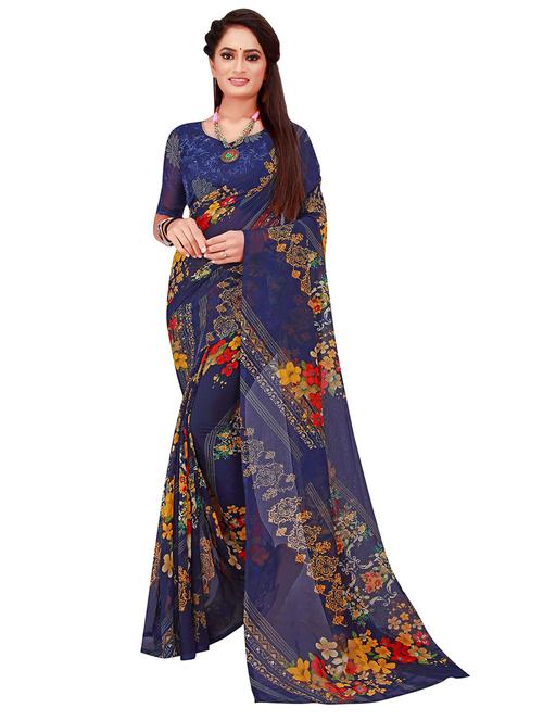 women's floral navy blue colored saree with blouse - 19282210 - Very Small Image - 1