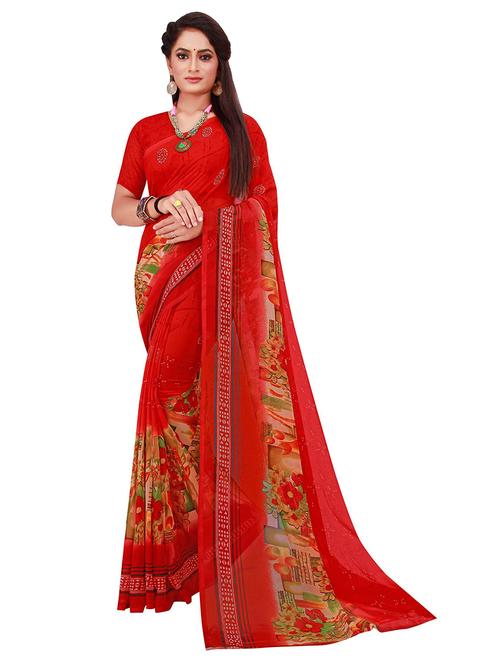 women's floral red colored saree with blouse - 19282247 - Very Small Image - 1