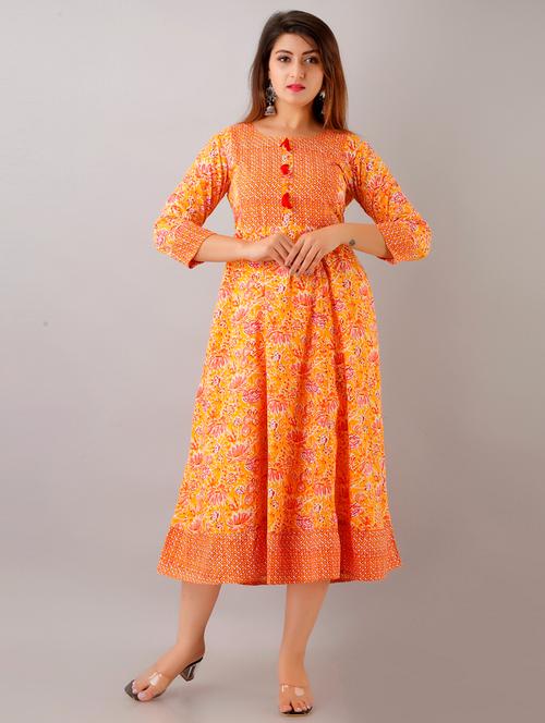 orange printed ethnic dress - 19285461 - Very Small Image - 1