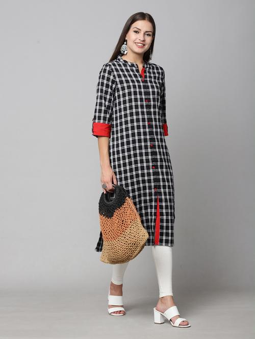checkered cotton blend a-line kurta - 19285526 - Very Small Image - 1