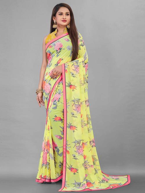 yellow printed bollywood saree with blouse - 19285772 - Very Small Image - 1
