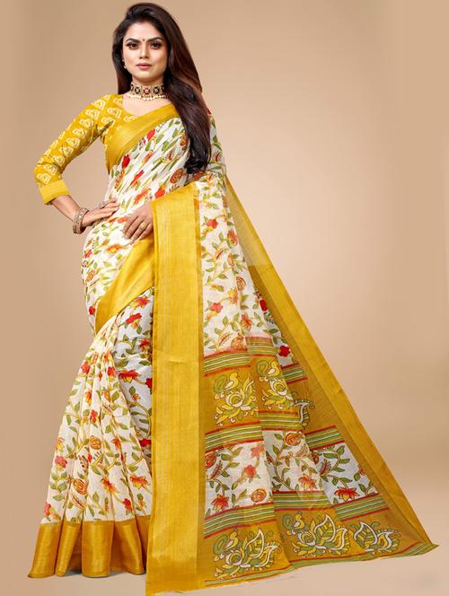 yellow printed saree - 19285807 - Very Small Image - 1