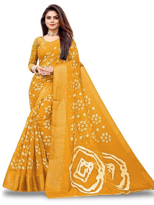 yellow cotton blend bandhani saree with blouse - 19285827 - Very Small Image - 1