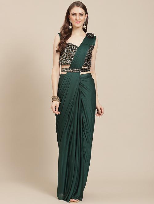solid pre-draped saree with embroidered blouse - 19294077 - Very Small Image - 1