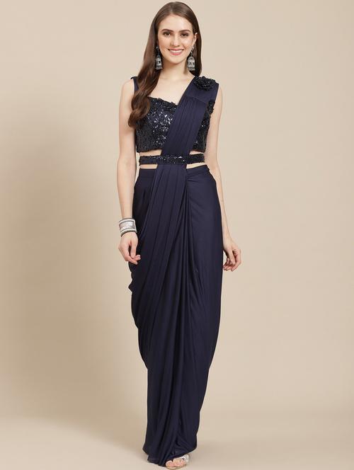 women's solid navy blue colored saree with blouse - 19294099 - Very Small Image - 1