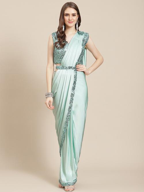 women's bordered light blue colored saree with blouse - 19294103 - Very Small Image - 1
