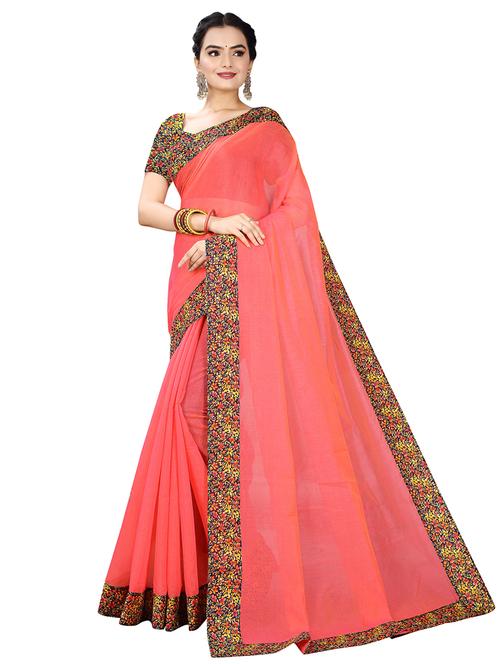 peach plain saree with border with blouse - 19294421 - Very Small Image - 1