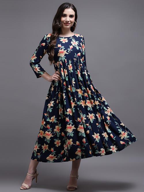 navy blue printed flared dress - 19296254 - Very Small Image - 1