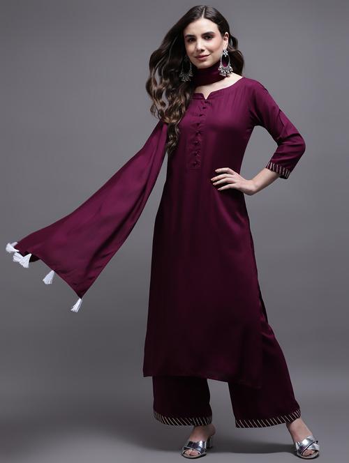 purple rayon kurta dupatta set - 19296264 - Very Small Image - 1