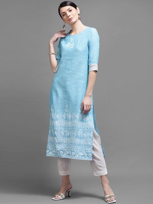 round neck printed straight kurta - 19296299 - Very Small Image - 1