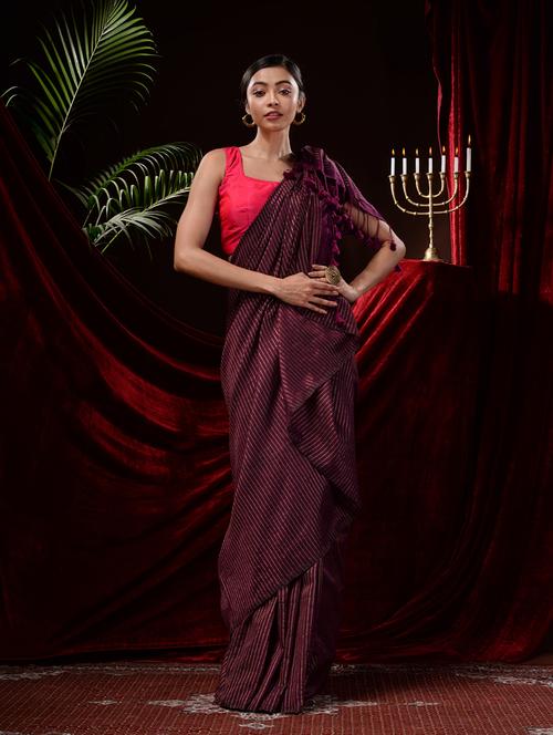 women's stripes magenta colored saree with blouse - 19297364 - Very Small Image - 1