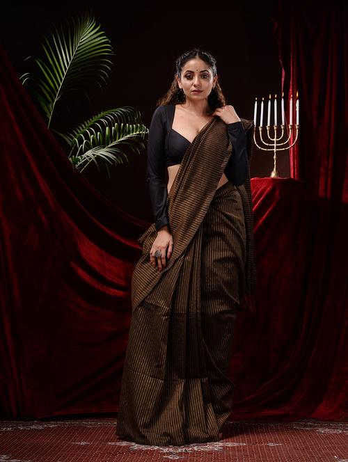 women's stripes brown colored saree with blouse - 19297370 - Very Small Image - 1