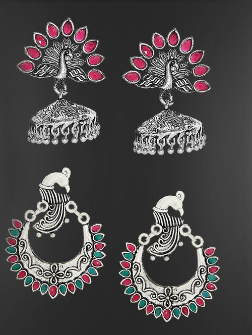 oxidized silver metal jhumka combo earring - 19299256 - Very Small Image - 1