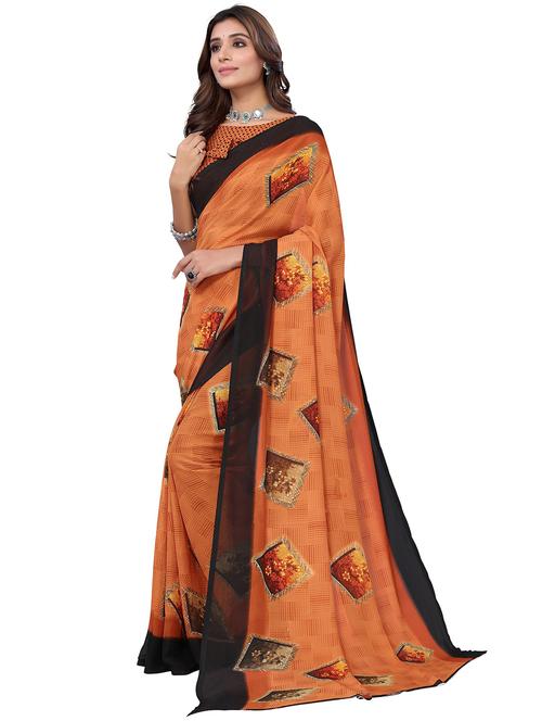 orange georgette printed saree with blouse - 19300168 - Very Small Image - 1