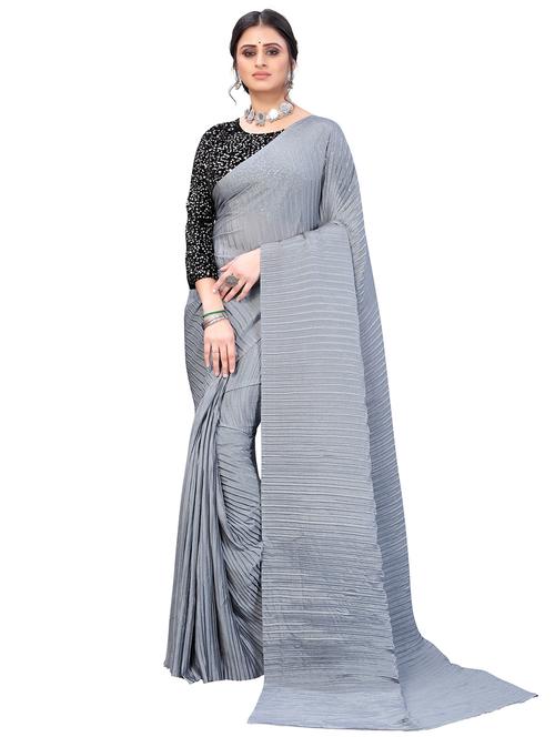 grey plain saree with blouse - 19301325 - Very Small Image - 1