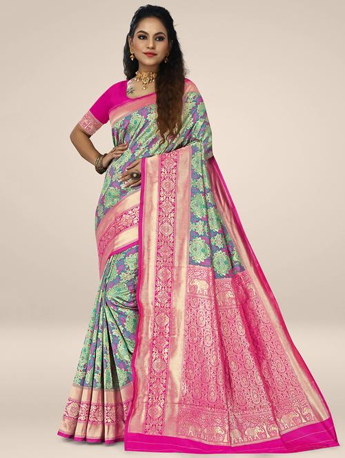 self design banarasi saree with blouse - 19302282 - Very Small Image - 1
