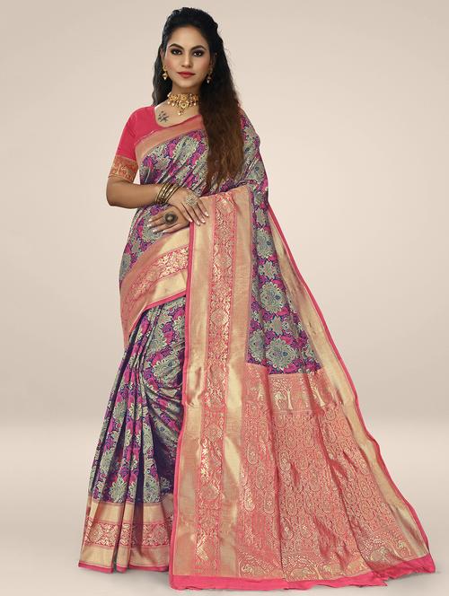 self design banarasi saree with blouse - 19302285 - Very Small Image - 1