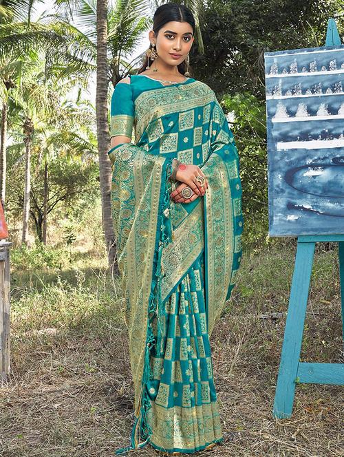 turquoise silk saree - 19303857 - Very Small Image - 1