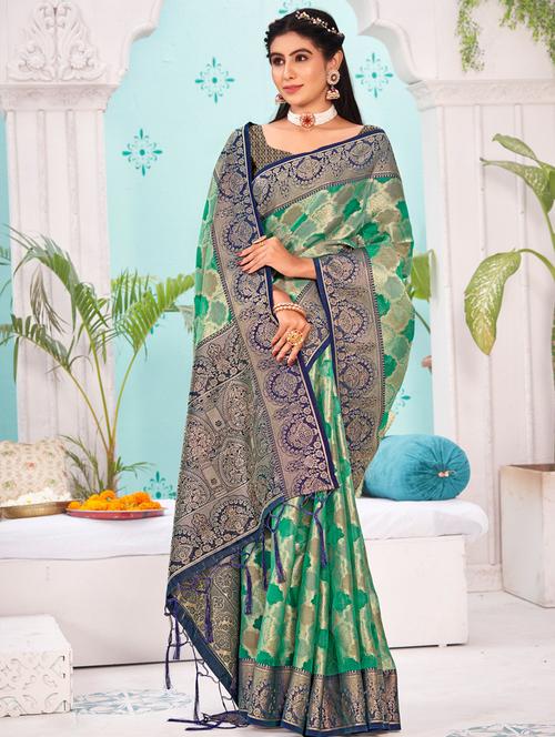 women's self design green colored saree with blouse - 19303885 - Very Small Image - 1