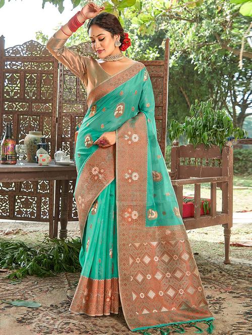sky blue organza saree - 19303934 - Very Small Image - 1