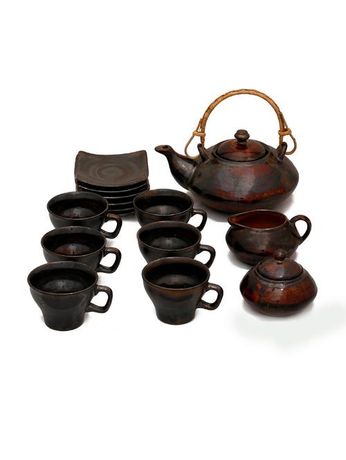 caffeine ceramic handmade stoneware wooden and black mattelic tea set ( 15 pcs. microwave & dishwasher safe tea set ) - 19304618 - Very Small Image - 1