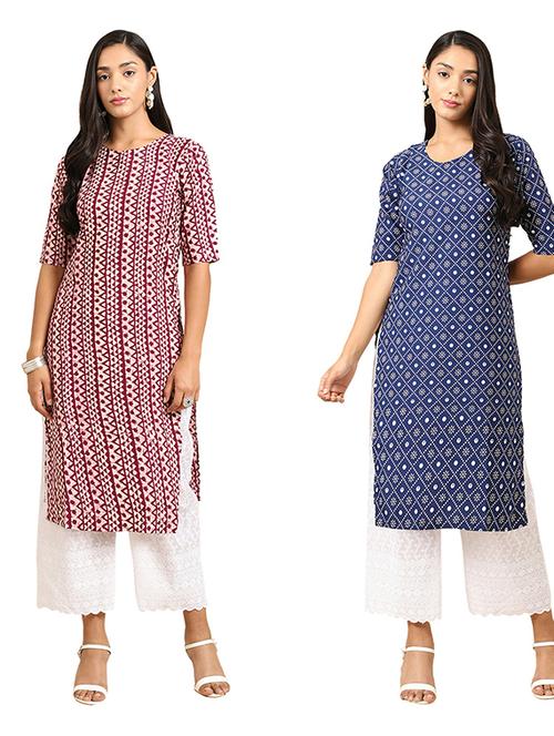 pack of 2 multi colored printed straight kurta - 19306620 - Very Small Image - 1