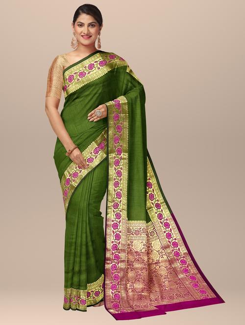women's self design green colored saree with blouse - 19313378 - Very Small Image - 1
